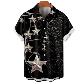 2023 Новая летняя мужская рубашка с цветным блоком в виде сердца - 3D принт, короткий рукав, модный отложной воротник