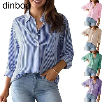 Dinboa-женский кардиган в полоску 2023, новый топ, свободная повседневная рубашка с длинным рукавом для женщин