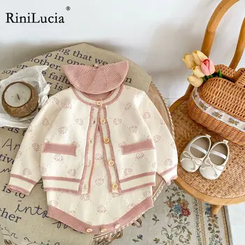 RiniLucia 2023, Новый осенний комплект одежды для новорожденных девочек, вязаные пальто с длинными рукавами, ползунки, комплект из 2 предметов, одежда для младенцев, наряд для малышей