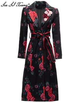 Seasixiang, Модный дизайнерский осенний тренч, женская верхняя одежда с аппликацией, отложной воротник, длинный рукав, Хрустальная пуговица, цветочный принт
