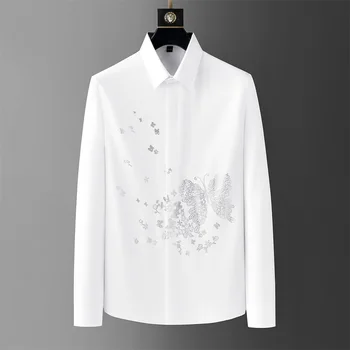 Бренд 2023, Осенняя мужская рубашка с бабочкой и стразами, Красивые повседневные рубашки с длинным рукавом, приталенная деловая блузка для светской вечеринки 5XL