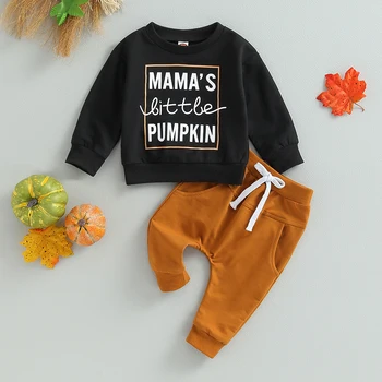 Весенне-осенние Комплекты одежды для новорожденных мальчиков на Хэллоуин, 2 предмета, топы с буквенным принтом, длинные брюки, Комплект для новорожденных