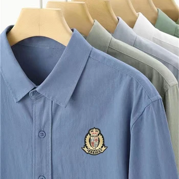 Высококачественные мужские рубашки с модным логотипом, однотонные повседневные льняные хлопчатобумажные рубашки с длинным рукавом, Домашняя блузка, мужская одежда, топы 9027