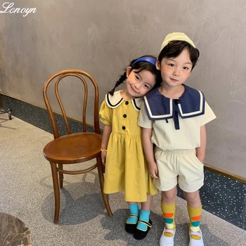 Детская одежда Lenoyn Летний костюм для мальчиков в корейском студенческом стиле из хлопка и льна с отворотами