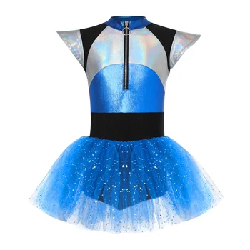 Детский костюм Инопланетянина на Хэллоуин для девочек, платье для выступлений на танцевальной вечеринке для черлидинга, короткий рукав, блестящее трико-пачка с блестками