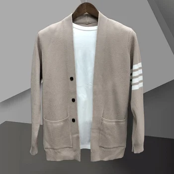 Дизайнерский Осенний модный Вязаный кардиган, куртка, свитер в полоску с контрастным лоскутным принтом, Мужское пальто в корейском стиле Sweter