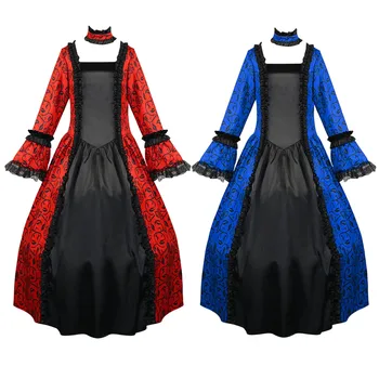 Длинные платья для девочек в готическом стиле на Хэллоуин, кружевное платье с оборками и поясом, Средневековое классическое платье с длинным рукавом, детский карнавальный костюм