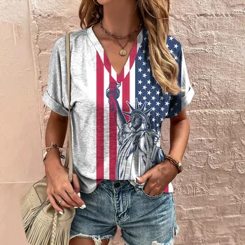 Женская футболка на День независимости США, модный свободный топ с 3D принтом флага, короткий рукав, повседневный женский пуловер оверсайз, уличная футболка