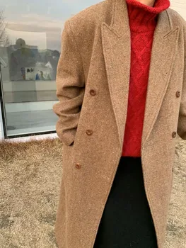 Женский зимний Длинный Шерстяной блейзер, пальто, куртка из ткани 