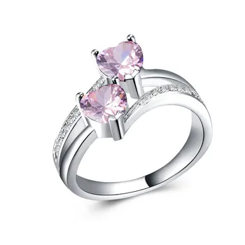 Женское кольцо с цирконом, двойное сердце, белое позолоченное Медное кольцо, ювелирные изделия для женщин
