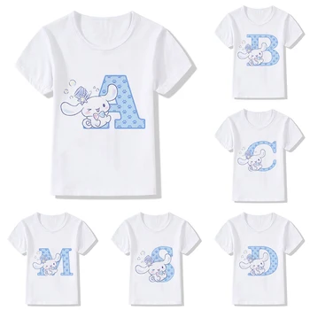Комбинация буквенных названий детских футболок Cinnamoroll, футболка для девочек Sanrio Kawaii, повседневная одежда из мультфильмов, футболка с аниме, топы для мальчиков