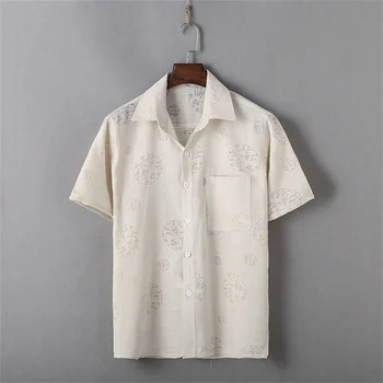 Летние хлопчатобумажные льняные рубашки для мужчин, повседневные рубашки с короткими рукавами, блузки с однотонными отворотами, Свободные официальные пляжные рубашки, мужская одежда