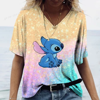 Летний Новый мультяшный красочный модный повседневный свободный женский пуловер, Женская футболка, топы с 3D-принтом Disney Stitch и V-образным вырезом