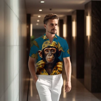 Летняя мужская свободная повседневная рубашка с короткими рукавами, простая универсальная рубашка, рубашка с 3D-принтом в виде обезьяны, рубашка для офисной вечеринки