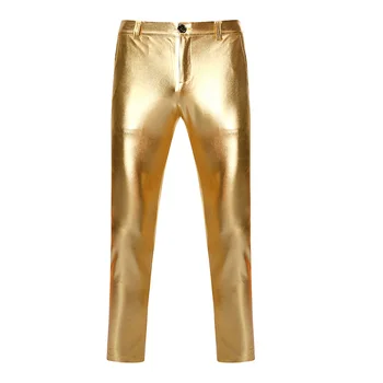Мотоциклетные брюки из искусственной кожи, мужские брендовые узкие брюки с металлическим блестящим золотым покрытием, брюки для выступлений на сцене ночного клуба для певцов