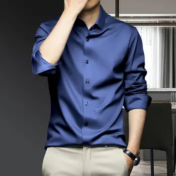 Мужская деловая рубашка, мужская официальная рубашка, стильная мужская деловая рубашка средней длины, однобортная шелковистая ткань, однотонный цвет для официальных мероприятий