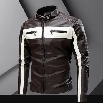 Мужская куртка Color Block, тонкая ветрозащитная верхняя одежда из искусственной кожи со стоячим воротником для работы