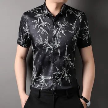Мужская Шелковая рубашка 2023, Новые Летние Мужские Повседневные Рубашки С коротким рукавом и Цветочным принтом
