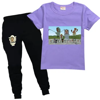 Мультяшная туалетная одежда Skibidi, Детская летняя футболка с коротким рукавом, Брюки, комплекты из 2 предметов, летняя одежда для маленьких мальчиков, спортивный костюм для маленьких девочек