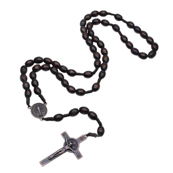 Ожерелье из натуральных деревянных бусин, четки для креста, католический кулон с распятием, прочный