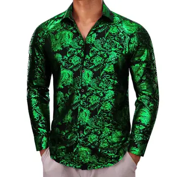 Роскошные рубашки с длинным рукавом для мужчин, шелковые, зеленые, Черные, в цветочек, Приталенные Мужские блузки, Повседневные топы, Дышащая уличная одежда Barry Wang