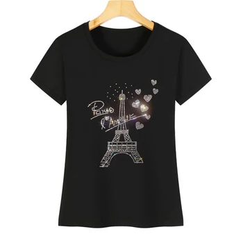 Самые продаваемые футболки для женщин, летняя модная футболка с короткими рукавами love Paris tower crystal, женские футболки из мягкого хлопка с круглым вырезом