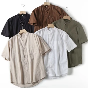 Увядший Летний воротник-стойка 2023, Однотонная хлопчатобумажная льняная рубашка, Свободная рубашка с коротким рукавом, мужская