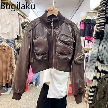 Уличная одежда Bugilaku, винтажные куртки, женский воротник-стойка, молнии, повседневная верхняя одежда в стиле пэчворк, женские однотонные толстые теплые пальто
