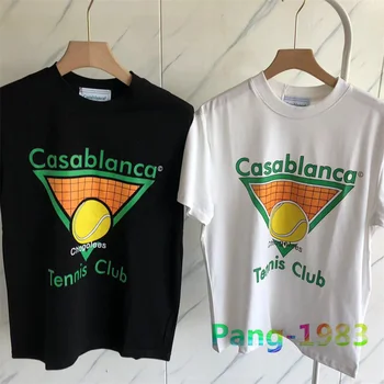 Футболка с буквенным логотипом Casablanca Tennis Для мужчин и женщин из хлопчатобумажной ткани с двойной пряжей, футболка с коротким рукавом